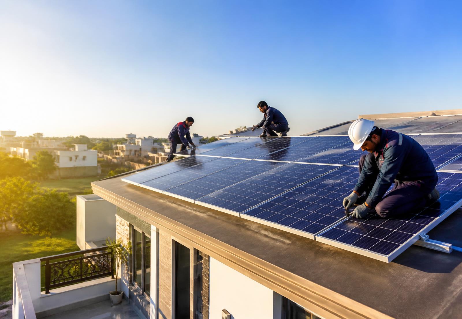 H & A Energy Services technicians installing rooftop solar panels in Punjab